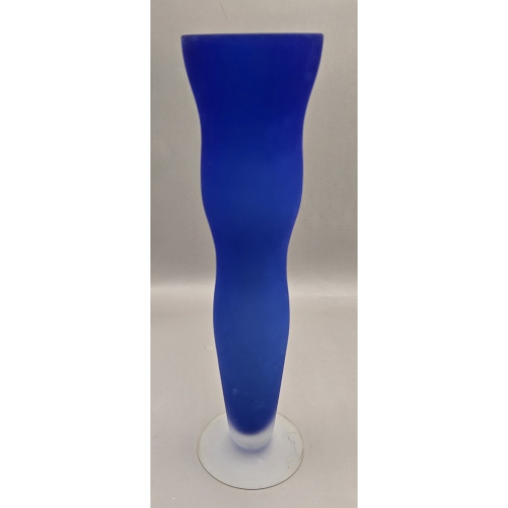 Frosted Cobalt Blue Curved Art Glass Vase Milky White Base B#24